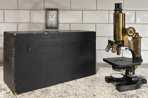 Antique Brass & Cast Iron(?) Spencer Monocular Microscope with Original Wood Box - Picture 1 of 23