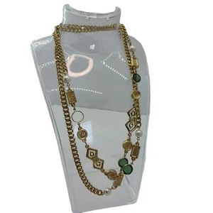 Vintage Womens Necklace Faux Pearl Glass Green Gold Tone - Picture 1 of 5