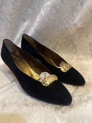 Yves Saint Laurent Vintage Black Suede Pumps Heels Gold Accent 8.5 M - Image 1 of 4