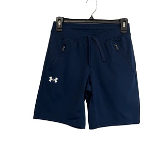 Under Armour Loose Navy Blue Cotton Zip Pocket Drawstring Pull On Shorts Youth L - Picture 1 of 9