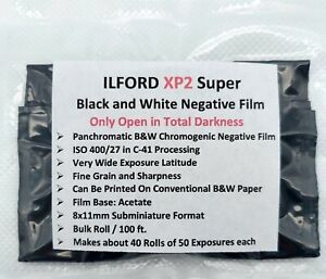ILFORD XP2 Super B&W Neg Film, 8x11 Subminiature Minox Format, 100ft Bulk Roll