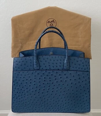 Bolso de Mano Hermes Blanco Autobús Avestruz Azul Roi Azul GM Rígido Dorado Herrajes Interiores Foto 1 de 4