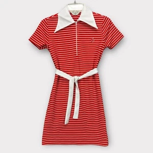 VTG 60s 70s Sears Mod Preppy Shirt Dress Striped Polo Red White Bird Zip Small - Picture 1 of 15