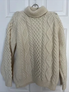 House of Ireland Ivory Cable Knit Heavy Handmae Wool Sweater Sz M turtleneck New - Picture 1 of 11