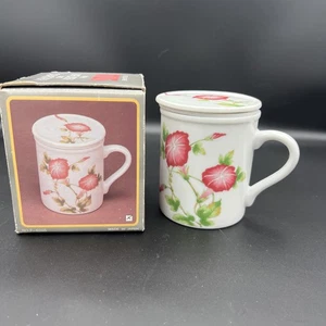 Taza de té de cerámica en caja infusor y tapa blanca mañana gloria flores florales vintage - Imagen 1 de 11