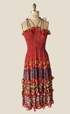 Vestido de Carnaval Vintage Diane Freis Vermelho Shirred Corpete Babados O/S e Envoltório de Cachecol - Imagem 1 de 4