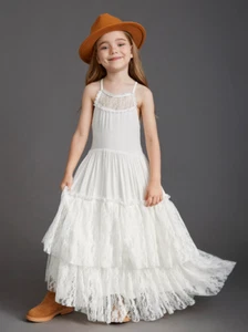 Princess Girls Lace Cotton Long Dresses Kids Flower Girl Wedding Party Clothing - Picture 1 of 49