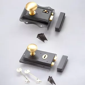 VINTAGE RETRO CLASSIC STYLE BLACK RIM DOOR LOCK SATIN BRASS RIM KNOB SET HANDLES - Picture 1 of 8