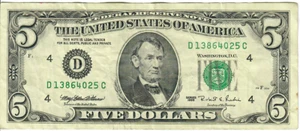 1995 5$ FRN - Small portrait w/ security thread - MEW/RER D13864025C - #15355 - Picture 1 of 2