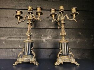 Pair of candelabras 4 candles gilded bronze and black marble, Fireplace brass