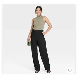 Women's High-Rise Relaxed Fit Straight Belted Trousers - 6 - BLACK - Picture 1 of 3