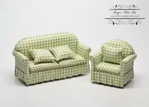 1:12 Dollhouse Miniature Sofa and Chair Set/ GRN/WHI AZ 91710 - Picture 1 of 3