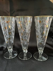 Libby 8.5” Pilsner Glasses Royal Fern Mid Century Barware Silver/Gold Set Of 3 - Picture 1 of 1