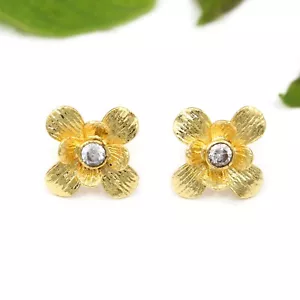 Tiffany Flower Crystal Quartz Style Handmade Gold Plated Stud Earrings - Picture 1 of 2