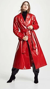 Women'S PVC Trench Coat Red Reefer Collar Front Double Breasted - Picture 1 of 3