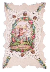 Valentine Card Die Cut Cupid The Standard of Love Doily Fold Out Vintage #77 - Picture 1 of 5