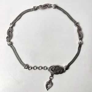 Silver Tone Metal Chain Belt Herringbone Heart Scroll Adjustable Boho Cowboy 33" - Picture 1 of 12