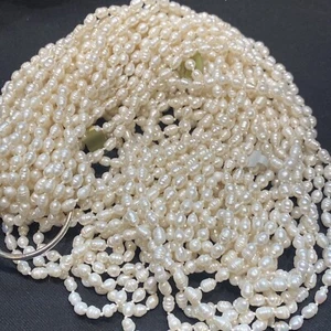 Natural White Genuine Rice Freshwater Real Pearl strand 30"  Knotted (CB4A) - Picture 1 of 3