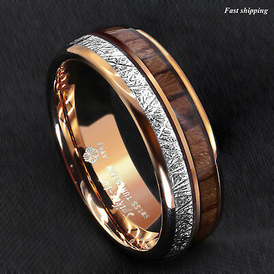 8/6mm Rose Gold Dome Tungsten Ring Silver Koa Wood Inlay Bridal ATOP Men Jewelry • 16.99$