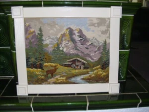 Gobelin "Alpenlandschaft mit Mühle" Handarbeit, Echtholzrahmen 59x49 cm - Bild 1 von 4