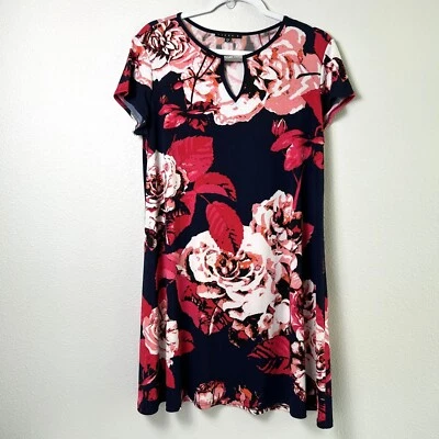 Tiana B Dress Womens Size 12 Black Pink Floral Pullover Short Sleeve Knee Length - Image 1 of 4