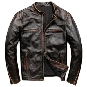 Herren Motorrad Cafe Racer Distressed Schwarz Biker Vintage Echt Leder Jacke - Bild 1 von 5