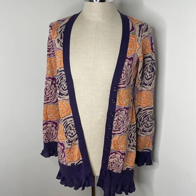 Anthropologie Sleeping On Snow Cardigan Sweater S Floral Button Front Ruffle — 第 1/4 张图片