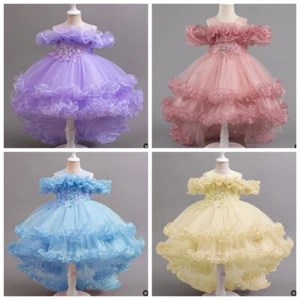 Kids Girls Flower Party Fancy Dresses Ruffles Princess Tailed Dress Bridesmaid - Picture 1 of 45