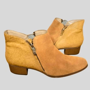 H by Halston Lana Tan Suede Calf Hair Ankle Boots Women’s 8.5 Block Heel Zip - Picture 1 of 12