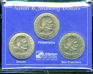 1979 SUSAN B. ANTHONY $1 DOLLAR 3 COIN SET BY LITTLETON COIN COMPANY - Imagen 1 de 1