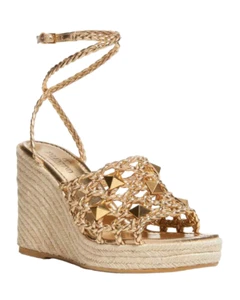 Valentino Rockstud Roman Stud Gold Leather Espadrille Wedge Lace Up Sandal 38 - Picture 1 of 12
