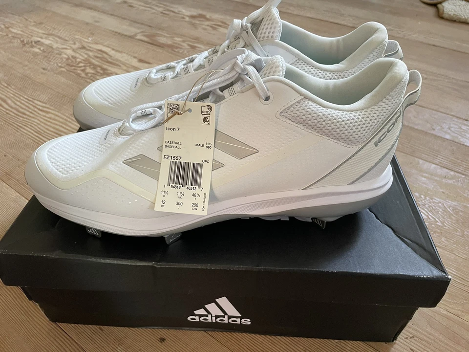 Adidas Icon 7 Metal Baseball Cleat Shoe White Silver FZ1557 Men's Size 12.5
