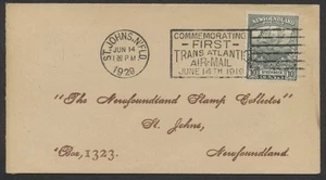 1929 Newfoundland #122 10c Caribou on Small Cover TransAtlantic Air Mail Slogan - Bild 1 von 2