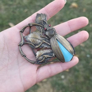 Vintage Egyptian Revival blau Glas türkis Skarabäus Gürtelschnalle Käfer BESCHREIBUNG LESEN - Bild 1 von 18