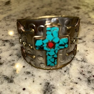 Gemischte Metalle Armreif Armband Kupfer Schnörkel, Mitte Türkis Chip Kreuz Azteken - Bild 1 von 4