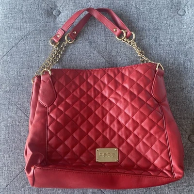 BEBE Evie Top Handle Quilted Faux Leather Shoulder Bag Purse Red Gold Chain - Image 1 of 4