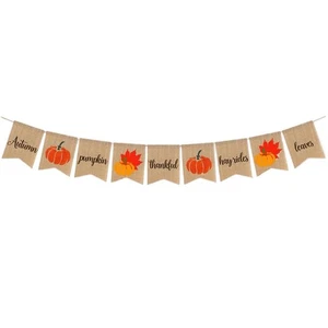 1pc Thanksgiving Day Banner Letter Printed Hanging Flag Pumpkin Maple Leaves - Picture 1 of 12