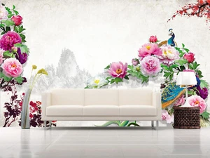 3D Peacock Peony G14248 Wallpaper Wall Murals Removable Self-adhesive Honey - Picture 1 of 11