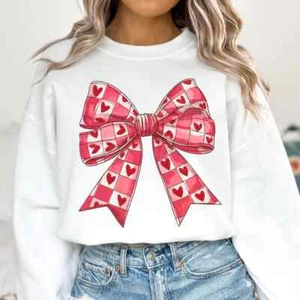 Valentines Day Checkered Heart Coquette Bow Sweatshirt - Youth Sizes XS-XL - Picture 1 of 1