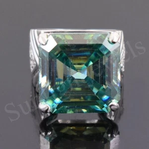 RARE 16.20 Ct Blue Diamond Asscher Cut Solitaire Ring 925 Silver Ring Treated - Picture 1 of 9