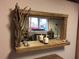 Large  Driftwood farmhouse wall mirror with shelf and decorated frame - Picture 1 of 3