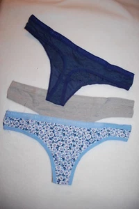 Womens Panties 3 PAIR THONGS LOT Navy Blue LT BLUE FLORAL PRINT Gray SIZE S / 5 - Picture 1 of 1