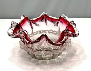 VINTAGE STEVENS & WILLIAMS GLASGEBLASENE CRANBERRY & KLARE RÜSCHE RIGAREE SCHÜSSEL - Bild 1 von 10