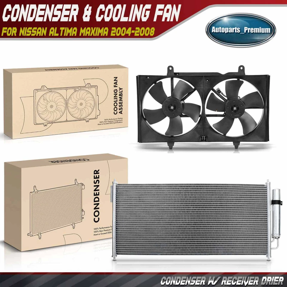 Конденсатор переменного тока и двойной вентилятор охлаждения в сборе комплект для Nissan Altima Maxima 2004-2008 - Изображение 1 из 4