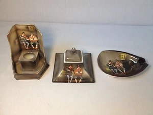 Rare Royal Bayreuth 3 Pc. Desk Set Candlestick/Inkwell/Ashtray Peasant Musicians - Picture 1 of 10