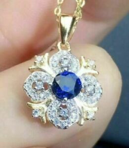 3 Ct Round Cut Blue Sapphire & Diamond Flower Women Pendant 14K Yellow Gold Over