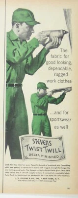 Stevens Twist Twill Delta acabado resistente ropa de trabajo impresión de anuncios ropa deportiva 1953 Foto 1 de 2