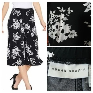 Susan Graver Capri Palazzo Pants Size 1X Wide Leg Flowy Black Floral Stretch - Picture 1 of 8