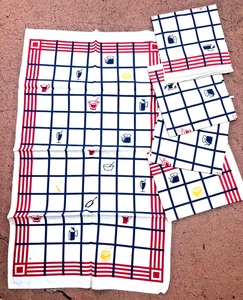Vintage MCM Coffee Pot Grinder Tea Kettle Linen Tea Towel Set of 5 Colorful! - Picture 1 of 6