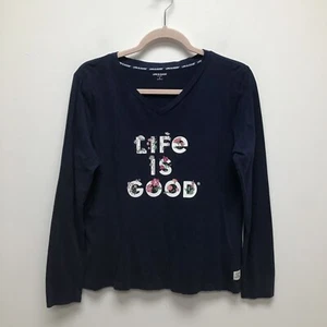 Life is Good Womens Blue Long Sleeve V-Neck Spell Out Flowers Sleep Shirt L - Picture 1 of 8